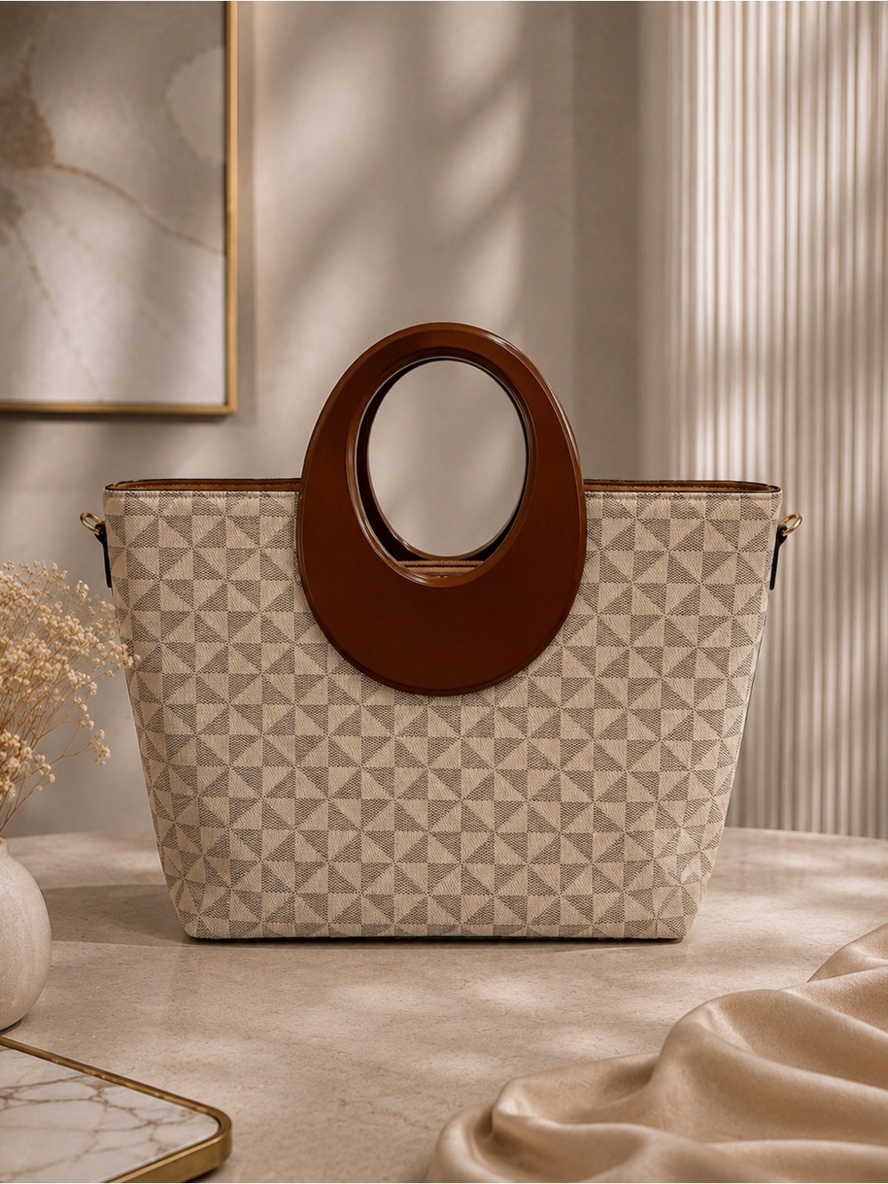 🆕❤️❤️❤️Stylish Beige & Brown Patterned Tote Bag with Circular Wooden Handle